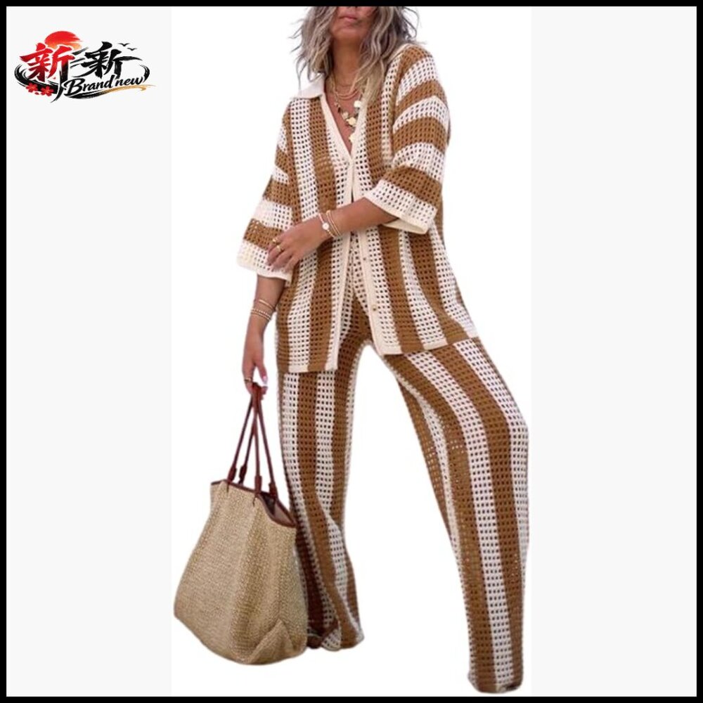 Polyester Knit Crochet Cover Up Set Button Up Top Wide Leg Pants